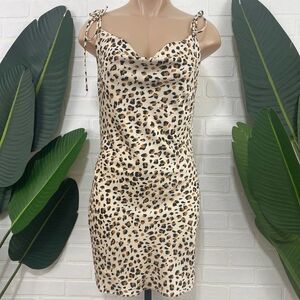 Vici x Jill leopard cheetah print tie shoulder cowl neck slip dress
